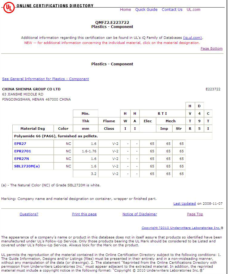 Certificado UL para PA66