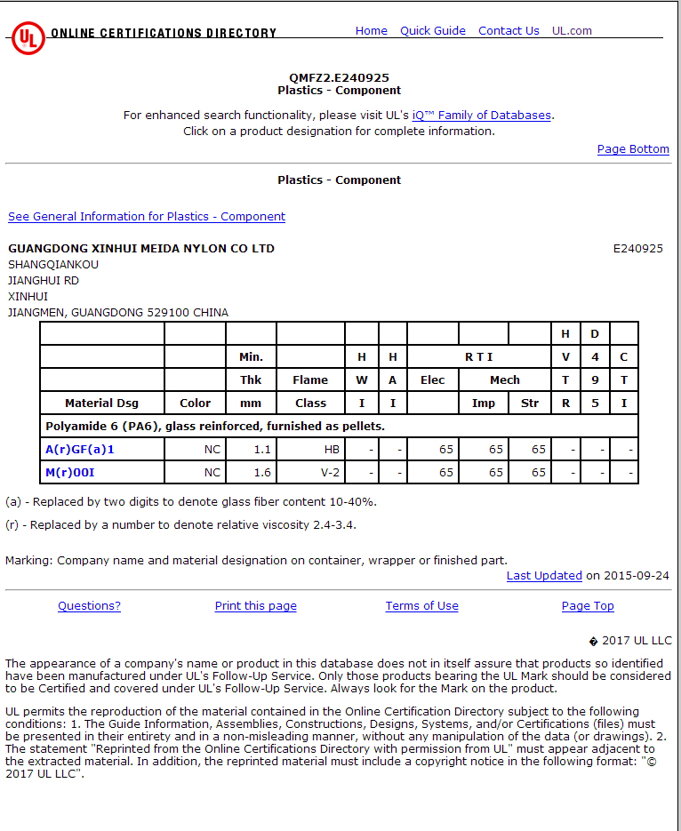 Certificado UL para PA6